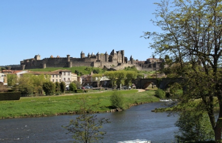 View of the old city from the new city on the other side of the river Aude.